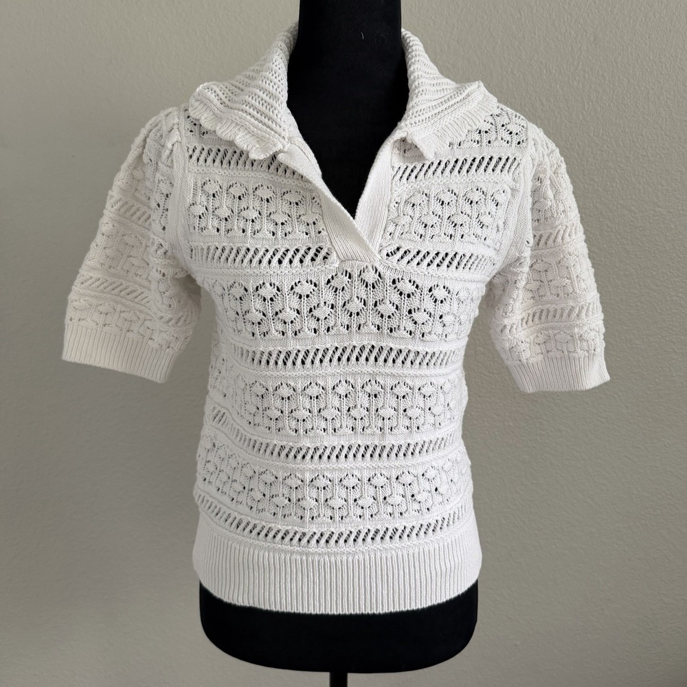 Design History Women's XS Top Open Knit Polo Scallop Collar White Cotton Preppy